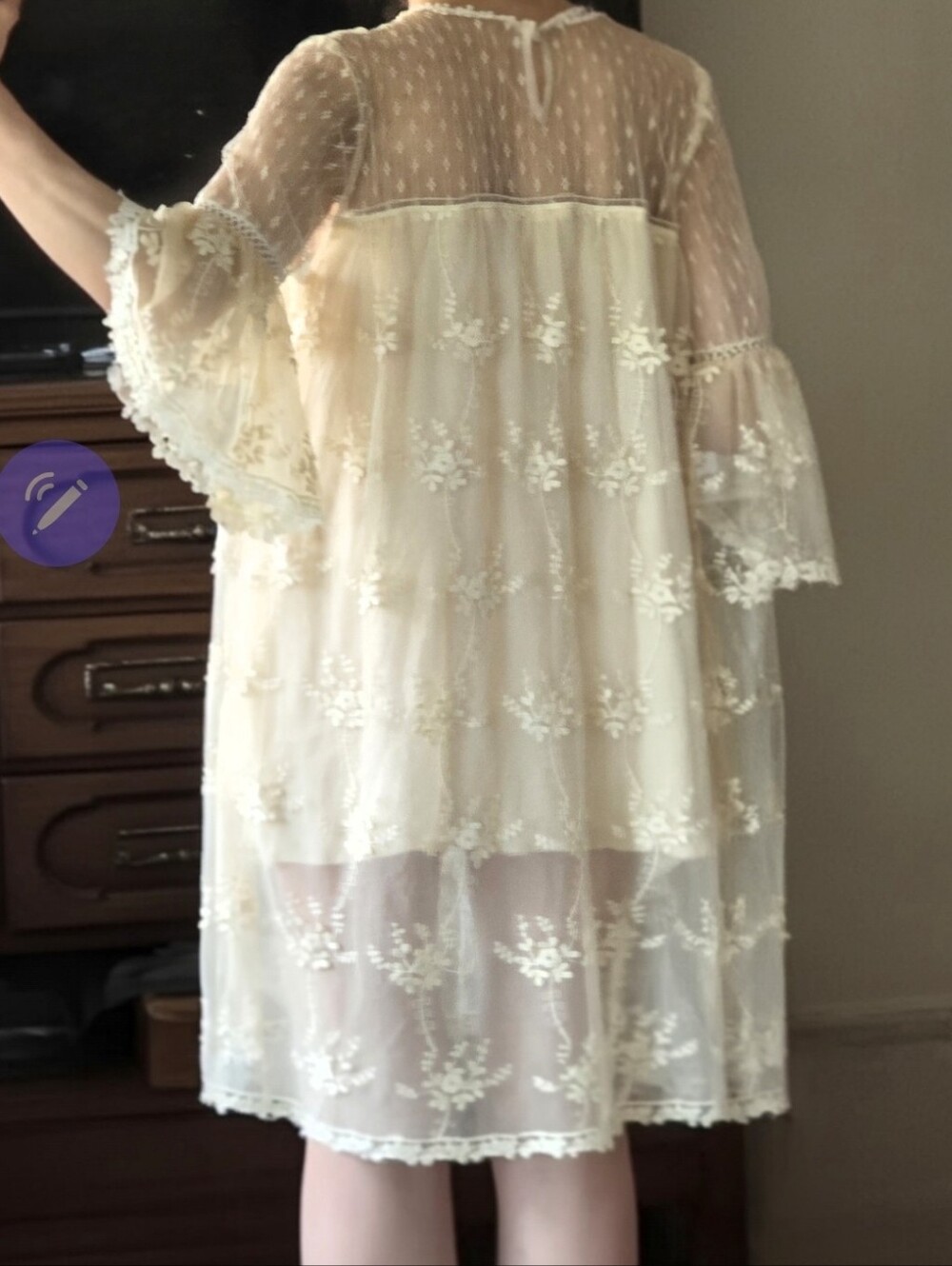 POL Sheer Ivory Lace Floral Embroidered Overlay Dress With Belle Sleeves Sz S - Picture 15 of 16